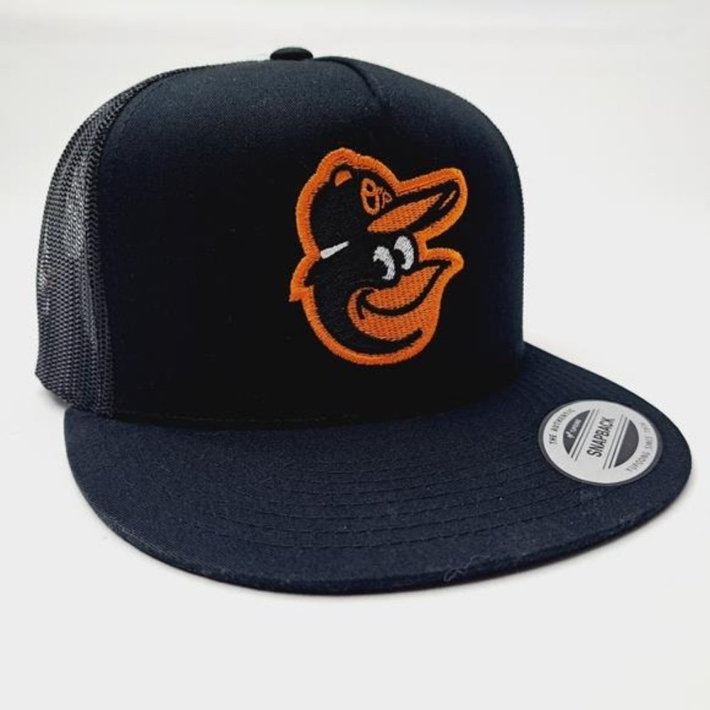 Baltimore Orioles Flat Bill Trucker Mesh Snapback Cap Hat Black Baseball Sports - Picture 4 of 5